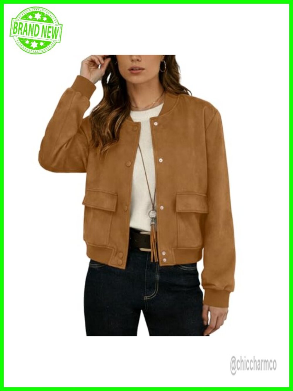 Faux Suede Leather Cropped Bomber Jacket Button Down Long Sleeve Casual